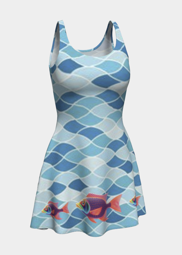 Neon Fish Swimming on Blue Designs Short Flared Dress