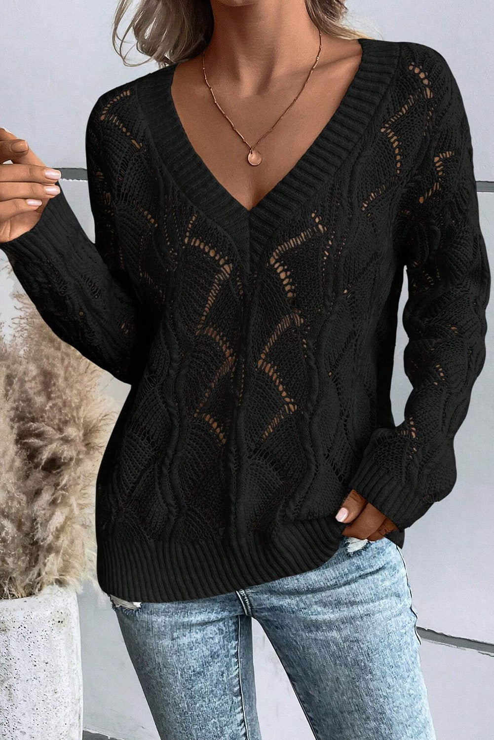 Black Hollow Out Knit V-neck Drop Shoulder Sweater
