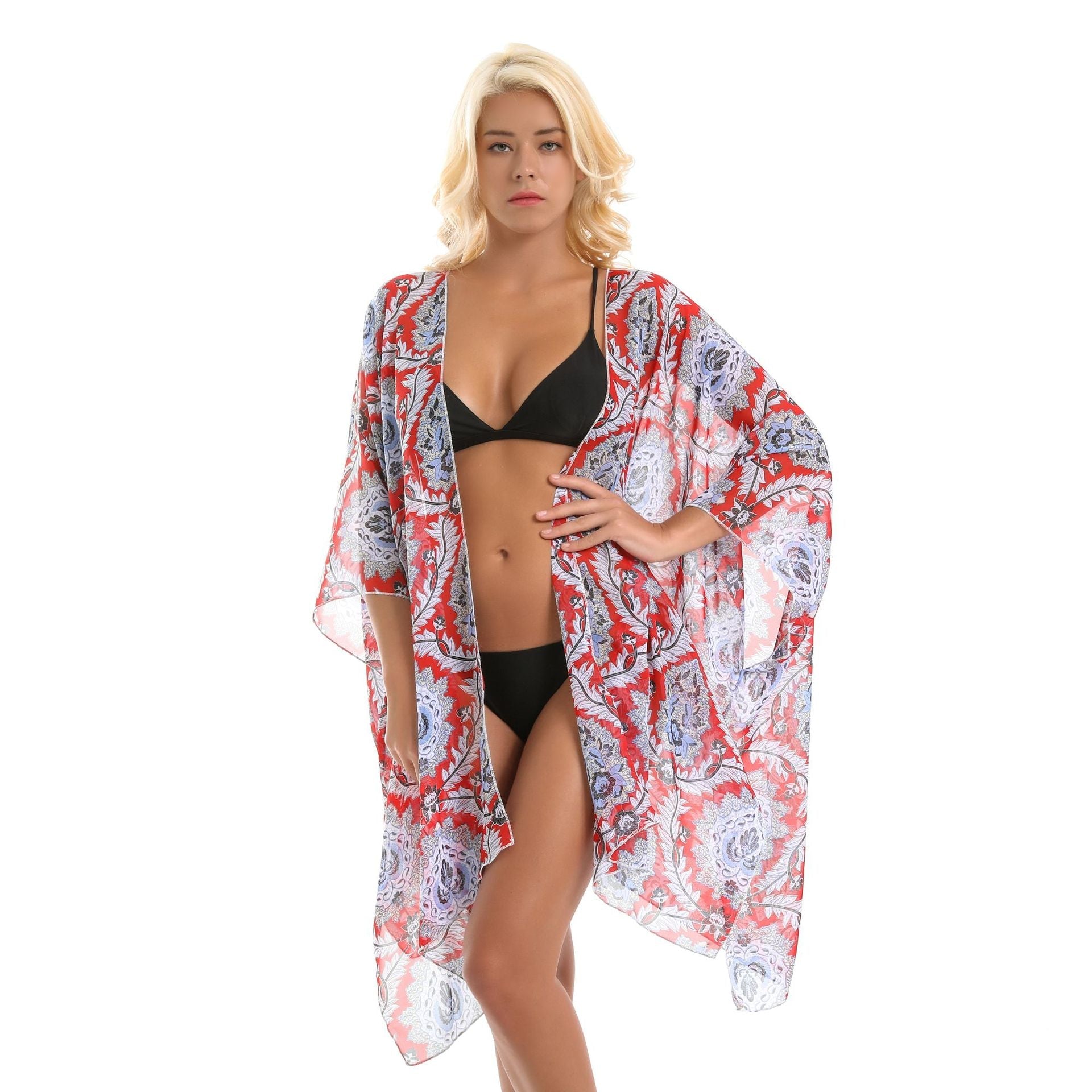 Platform Ethnic Rattan Floral Print Chiffon Sun Protection Cardigan Swimsuit Blouse