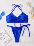 Women Solid Color Faux Drawstring Split Swimsuit Sexy Bikini