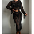 Hollow Out Cutout Knitted Sequin Tassel round Neck Cropped Outfit Long Sleeve Vacation Dress Swimsuit Blouse Sun Protection Clothing Dress Crochet hook Bella Mia