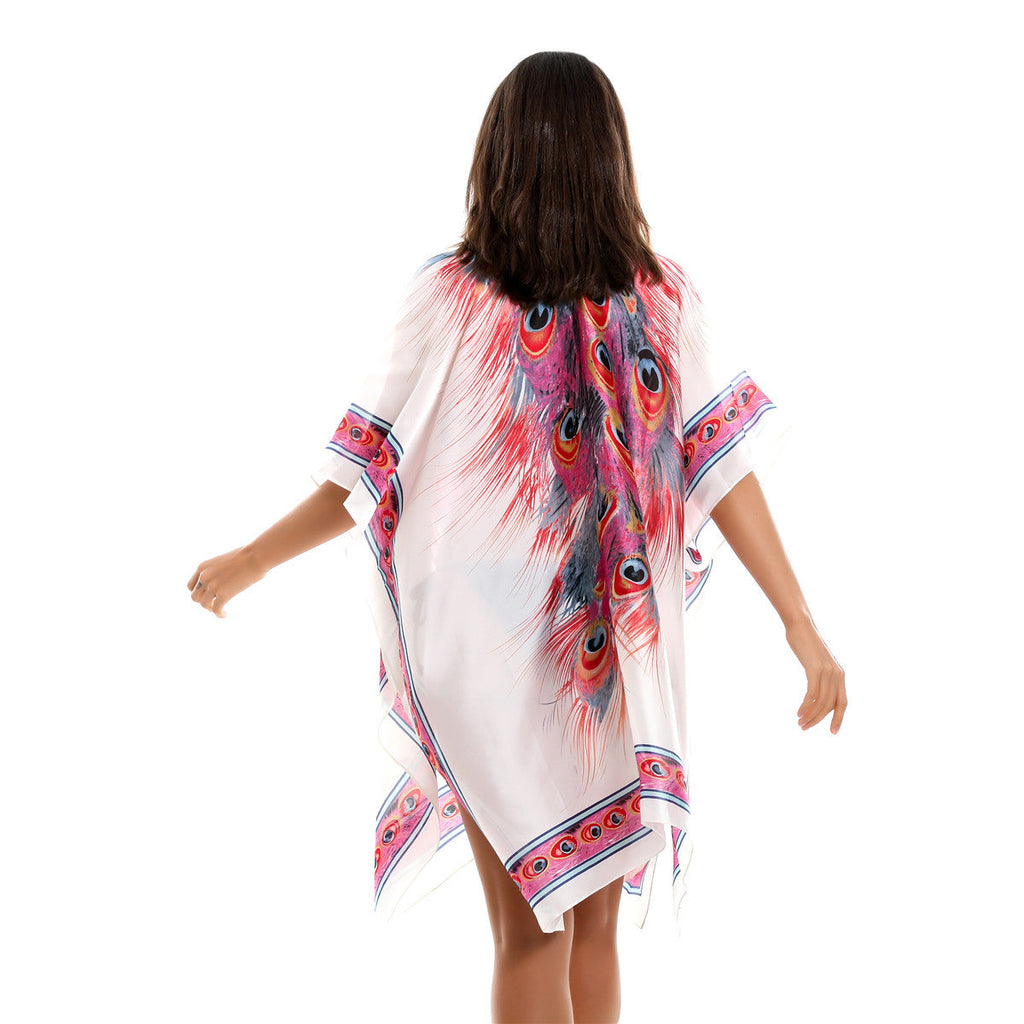 Spring Summer All Match Feather Pattern Bikini Sun Protective Blouse Swimwear Cover up