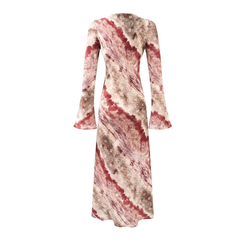 Vintage Printed Chic Flared Long Sleeve Vacation Dress round Neck Maxi Dress