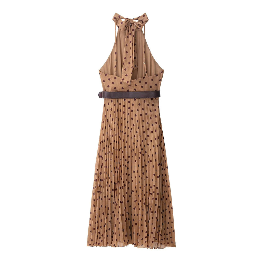 Dress Polka Dot Belt Midi Skirt Elegant Women Clothing