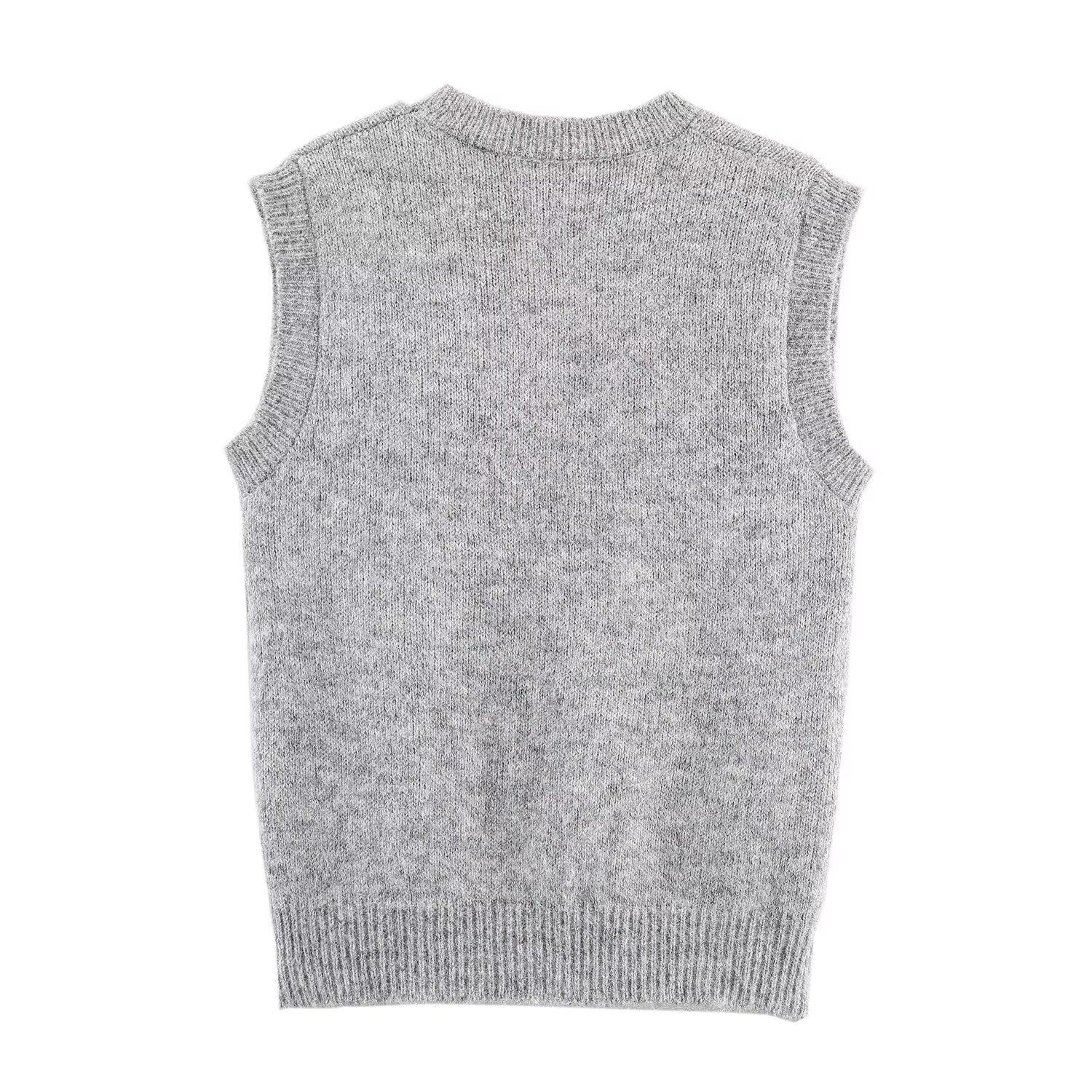 Women Clothing Autumn Korean Outerwear Bandage Floral Decorations round Neck Knitted Vest Top