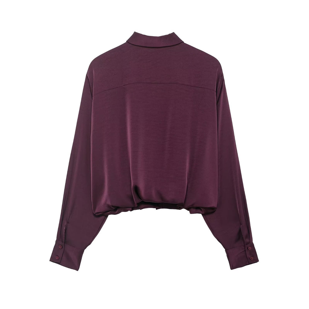 Women Clothing Autumn Retro Easy Matching Wine Red Satin Short Shirt