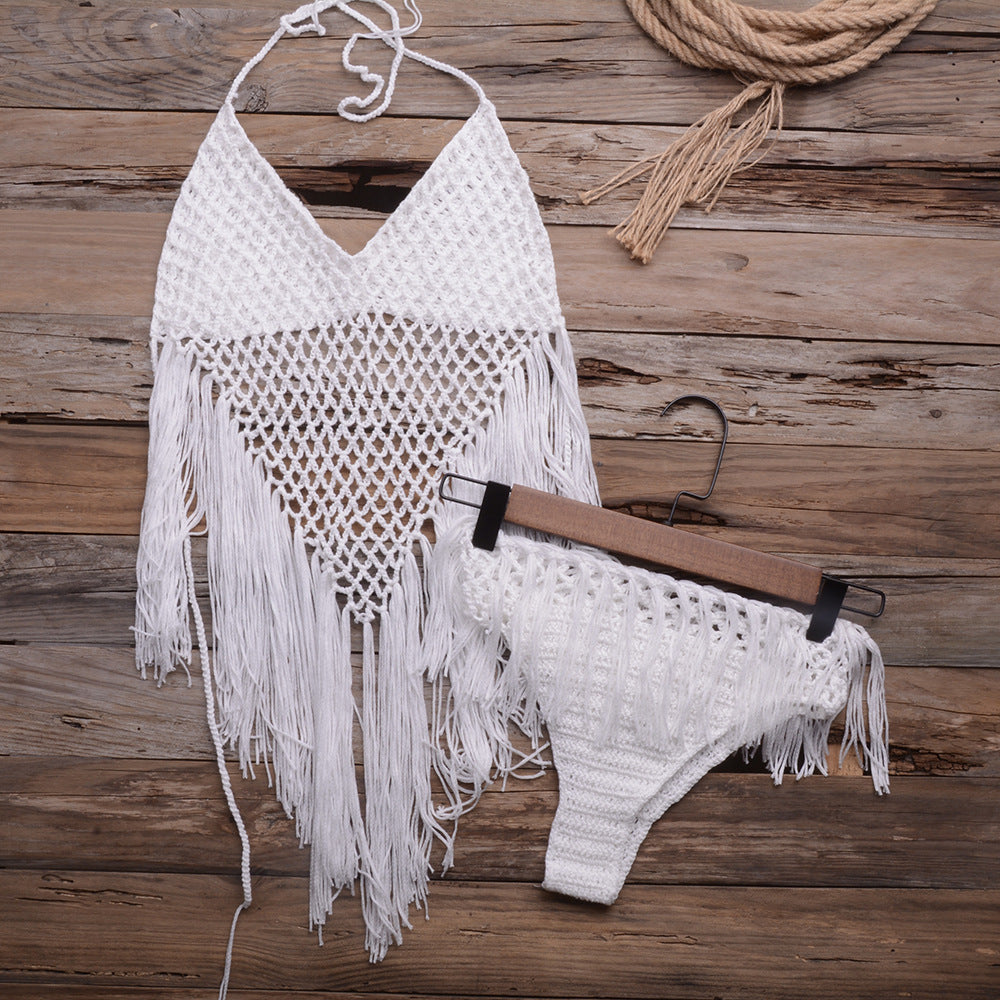 Internet Hand Woven Beach Hollow Out Cutout Tassel Split Swimsuit Set Factory Direct Bella Mia