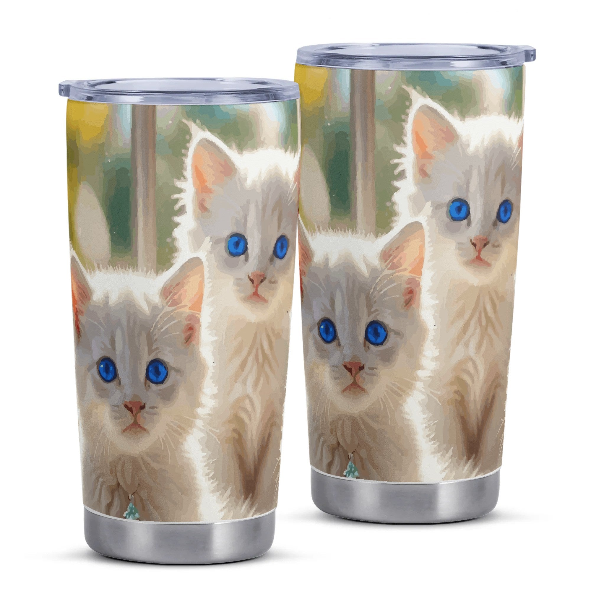 Cute White Kittens with Blue Eyes Stainless Steel 20oz Car Tumbler (Made in USA )