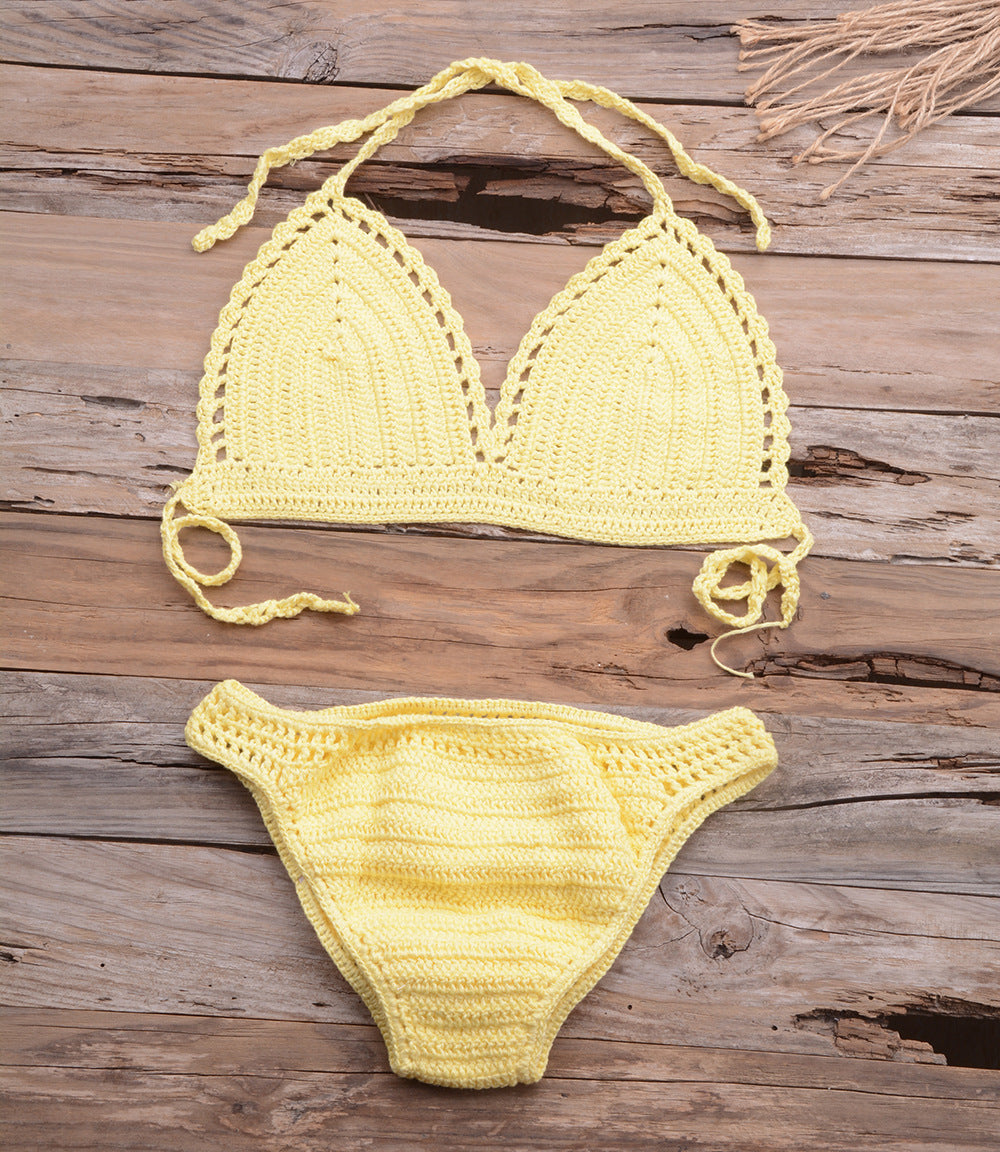 Beach Matching Split Bikini Hollow Out Cutout Hand Crocheting Woven Solid Color Swimsuit Set Bella Mia