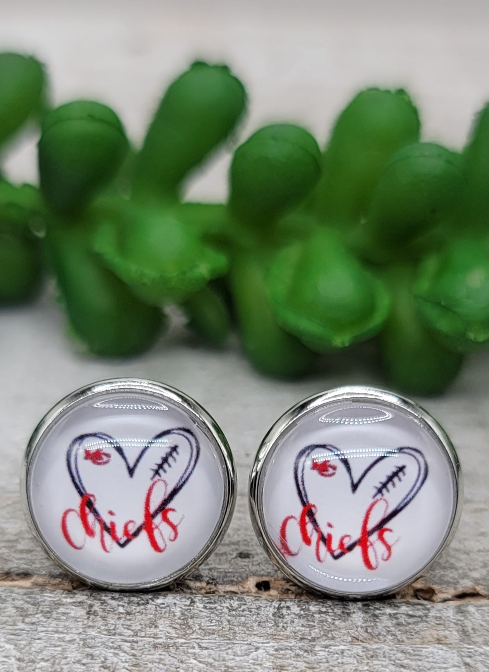 KC Chiefs Football - Heart 12mm Glass Stud Earrings