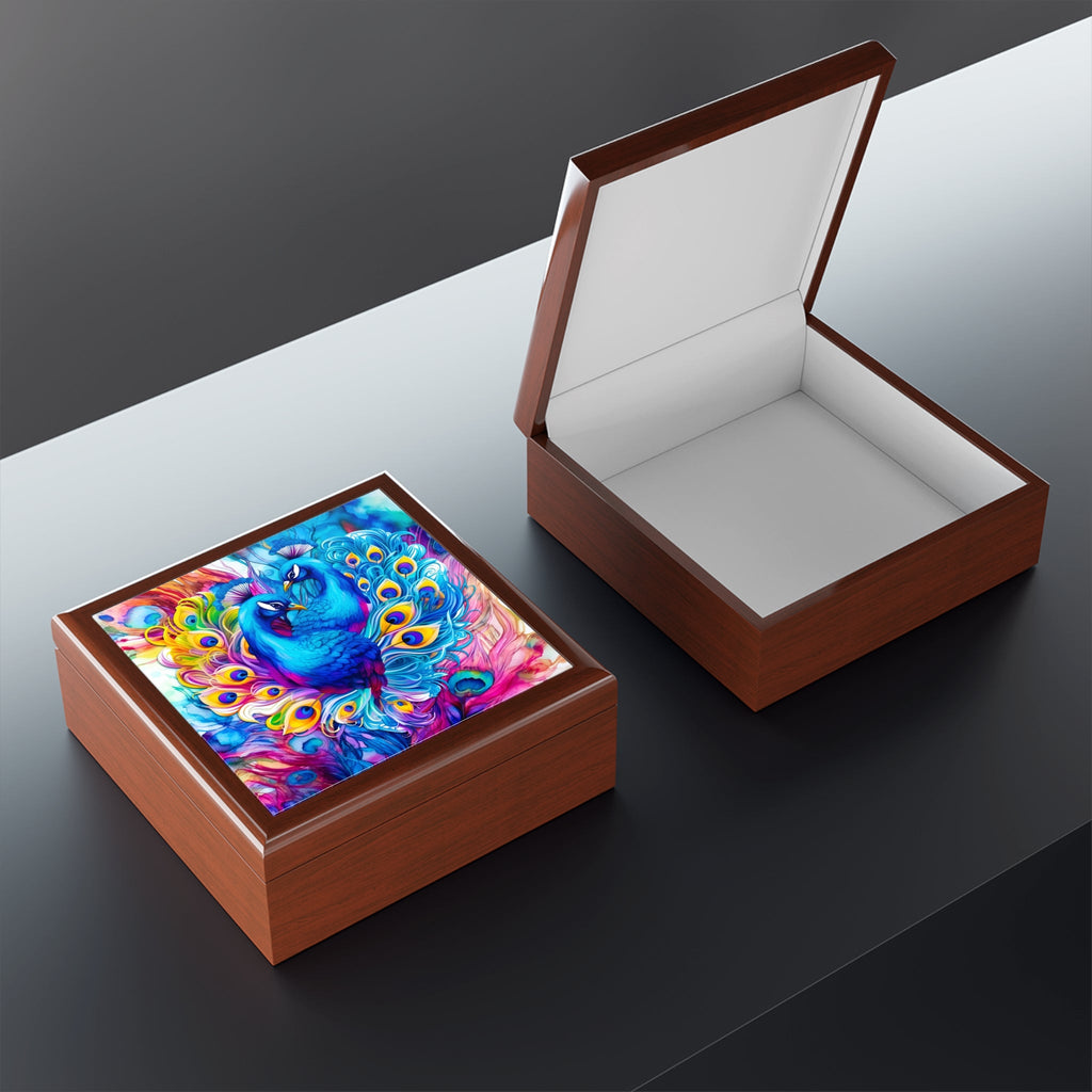 Beautiful Blue Peacocks in Heart Jewelry Box