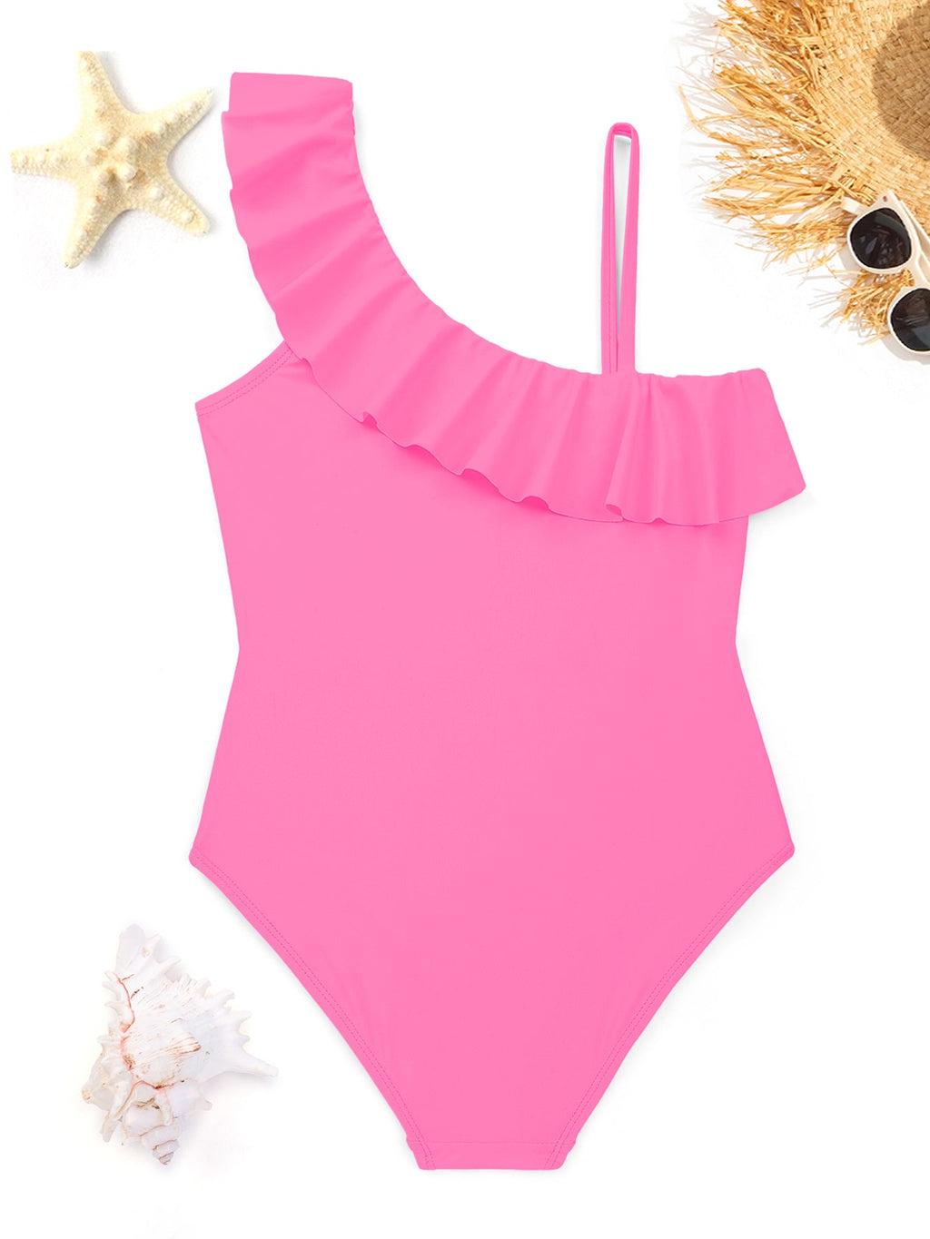Baby Unicorn with Pink Roses Girls' Ruffled One-Piece Swimsuit (Front Printing)