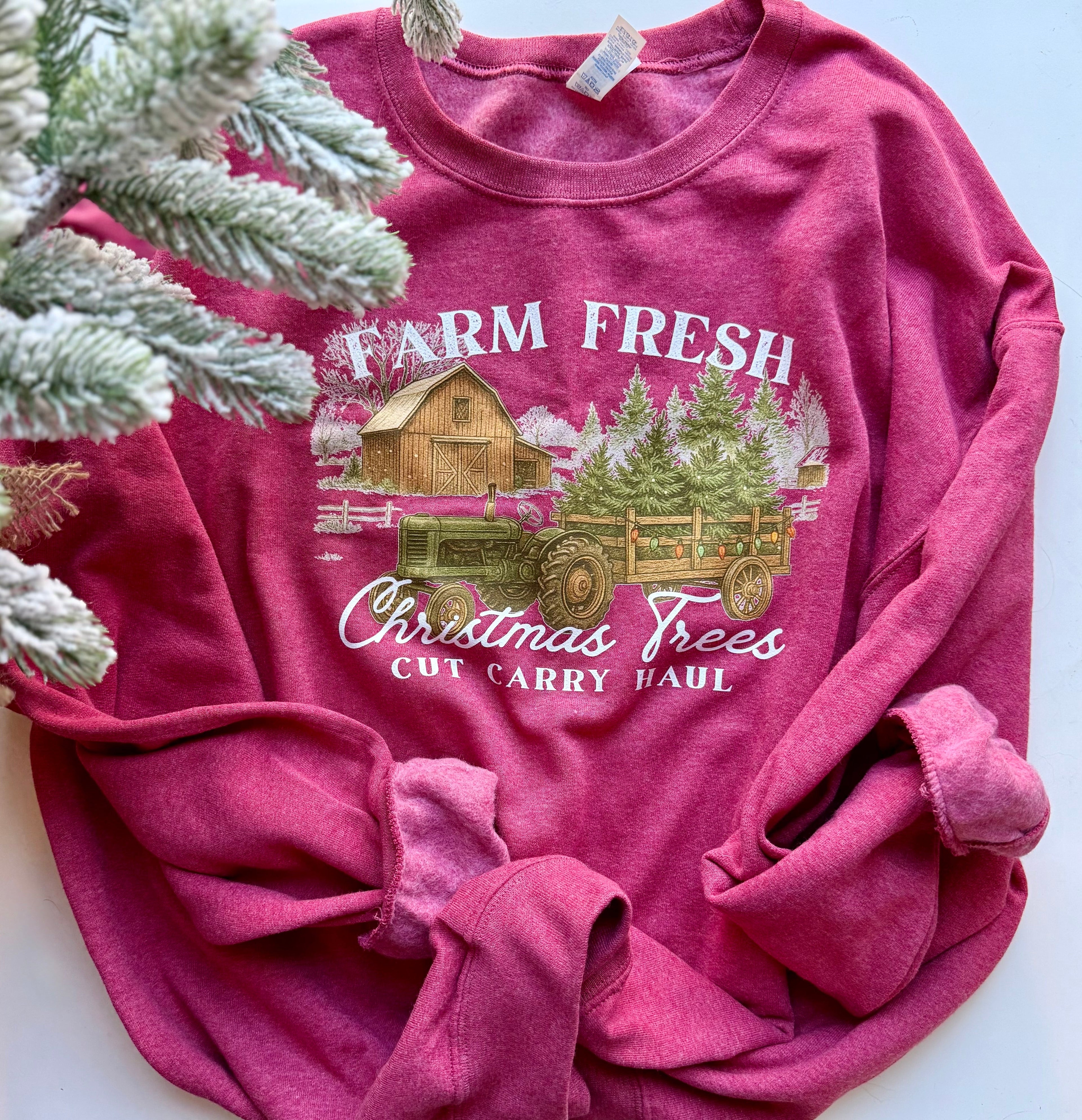 Farm Fresh Christmas Trees Crewneck | Vintage Barn Tractor Sweatshirt | Cozy Holiday Pullover