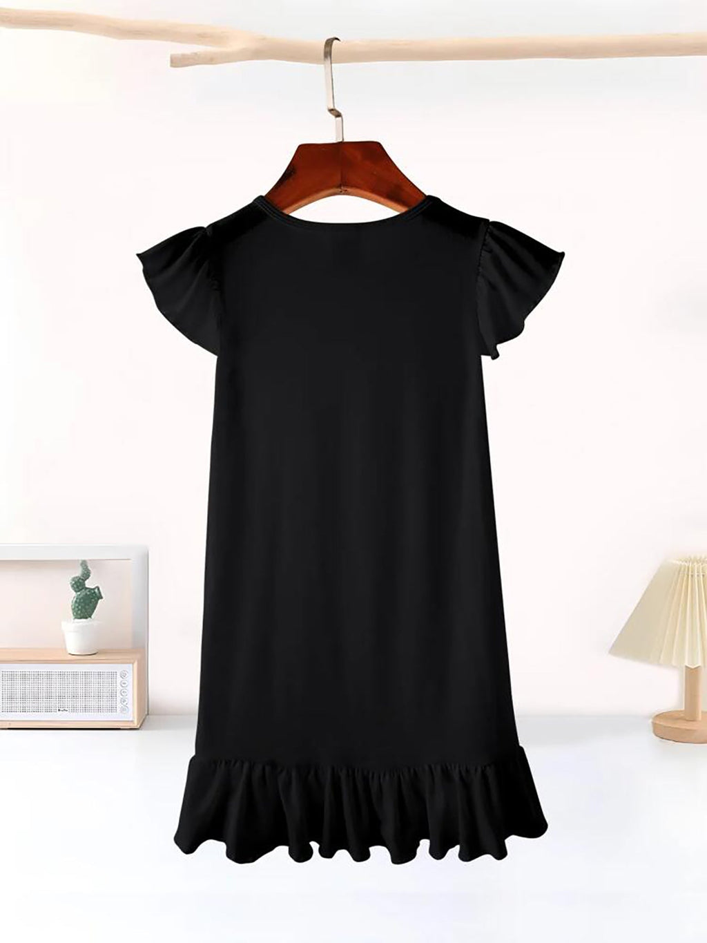 Cute Black Puppy Flutter Sleeve Dress for Girls (Front Printing)