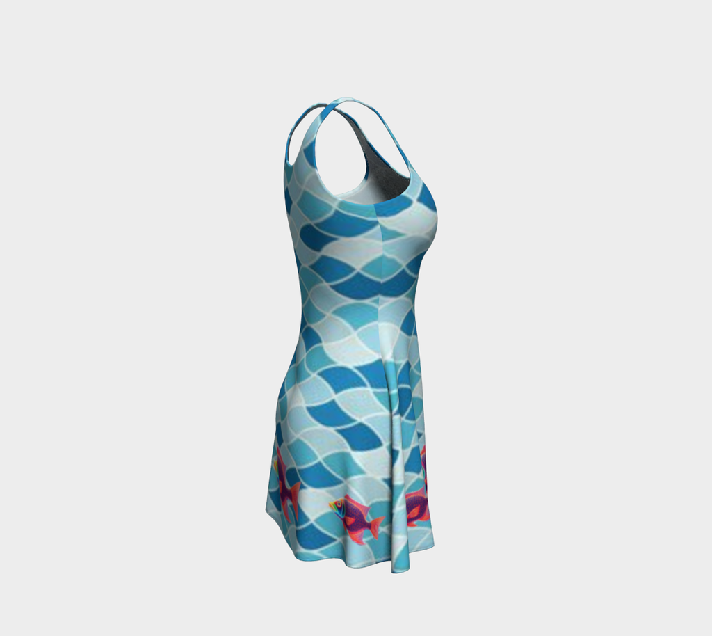Neon Fish Swimming on Blue Designs Short Flared Dress