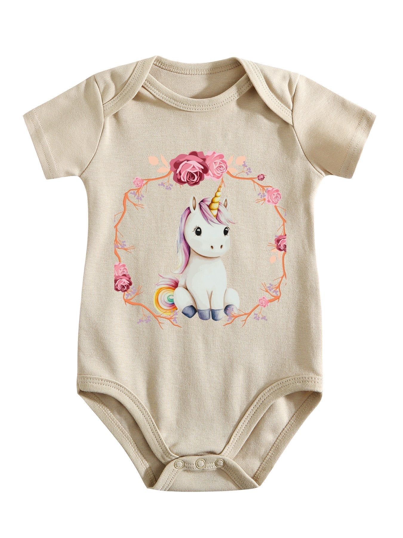 Baby Unicorn with Pink Roses Unisex Cotton Short Sleeve Baby Romper