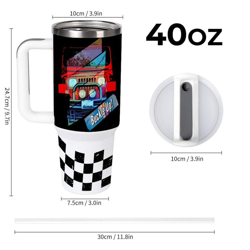 Buckle Up 4-wheel Drive 40oz Stainless Steel Insulated Tumble with Handle & Lid (Made in USA)