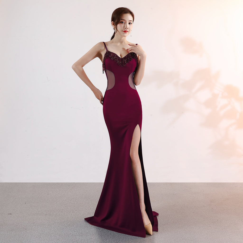 Sling Deep V Plunge Evening Party Dress Long Sexy Slim Fit Slit Nightclub Performance Socialite Evening Dress