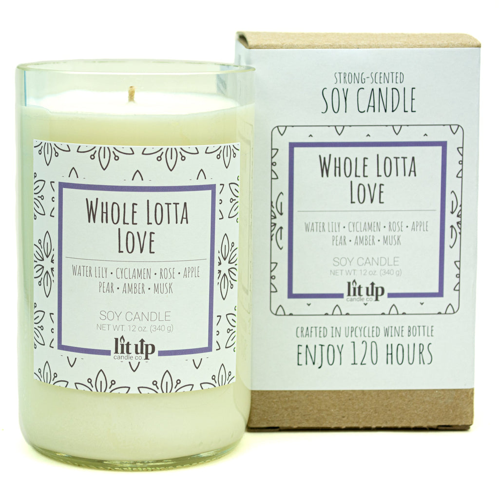 Whole Lotta Love scented 12 oz. soy candle in upcycled wine bottle - FKA Beautiful Day