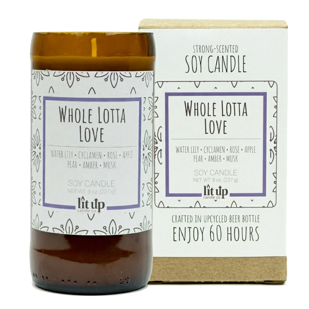 Whole Lotta Love scented 8 oz. soy candle in upcycled beer bottle - FKA Beautiful Day