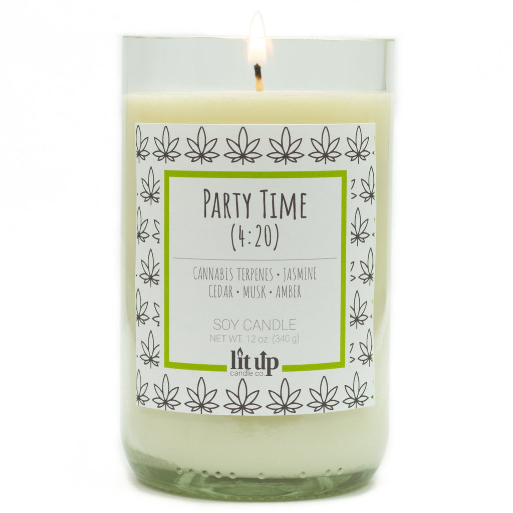 Party Time (4:20) scented 12 oz. soy candle in upcycled wine bottle - FKA Cannabis Flower