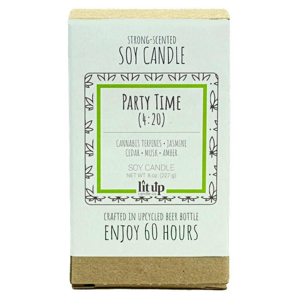 Party Time (4:20) scented 8 oz. soy candle in upcycled beer bottle - FKA Cannabis Flower