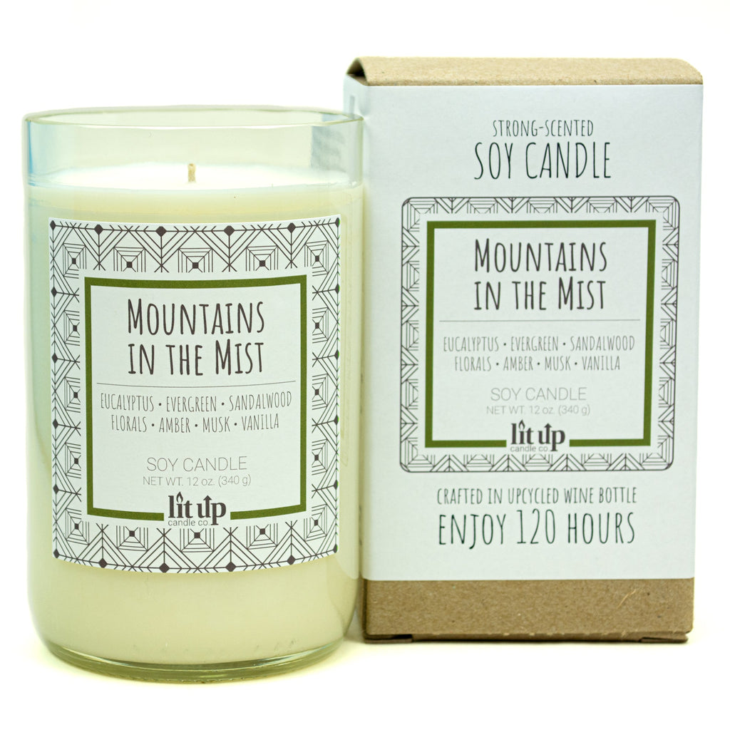 Mountains in the Mist scented 12 oz. soy candle in upcycled wine bottle - FKA Earthen Oak