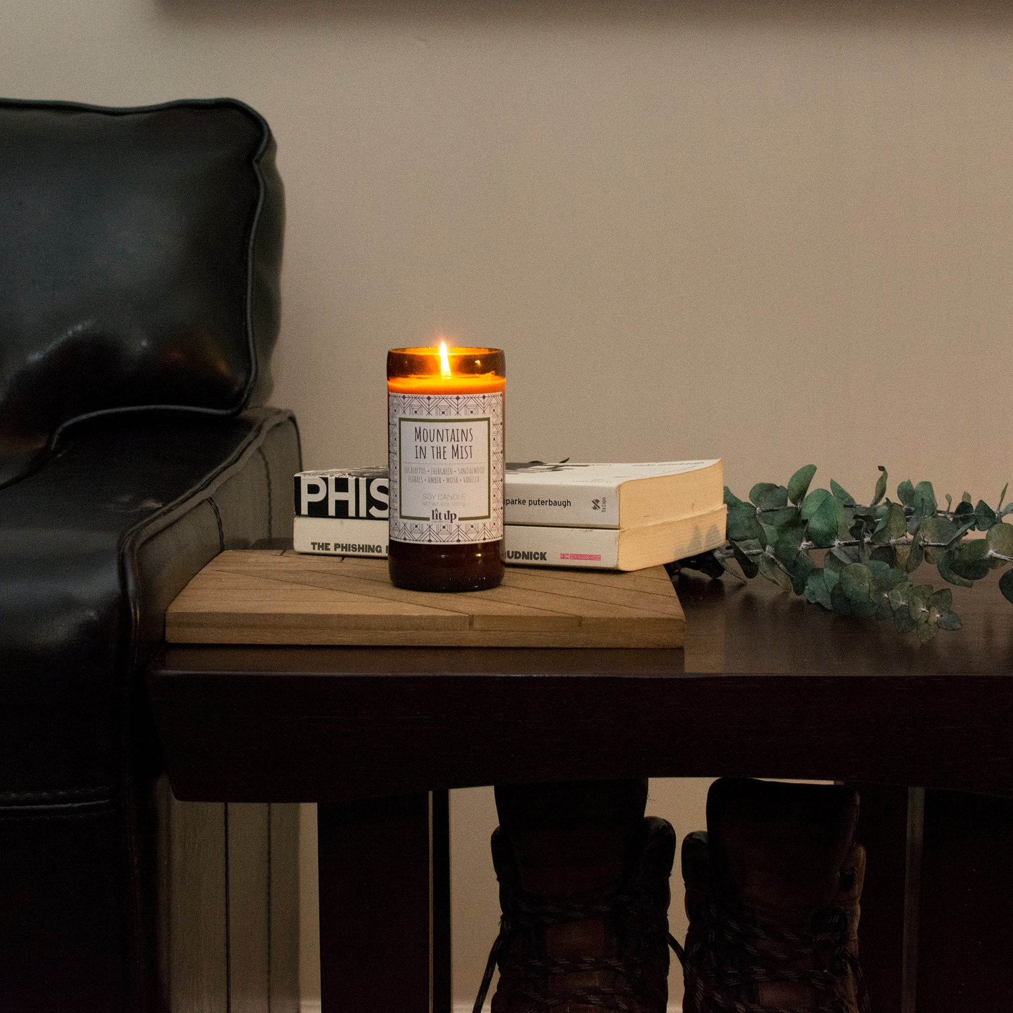 Mountains in the Mist scented 8 oz. soy candle in upcycled beer bottle - FKA Earthen Oak