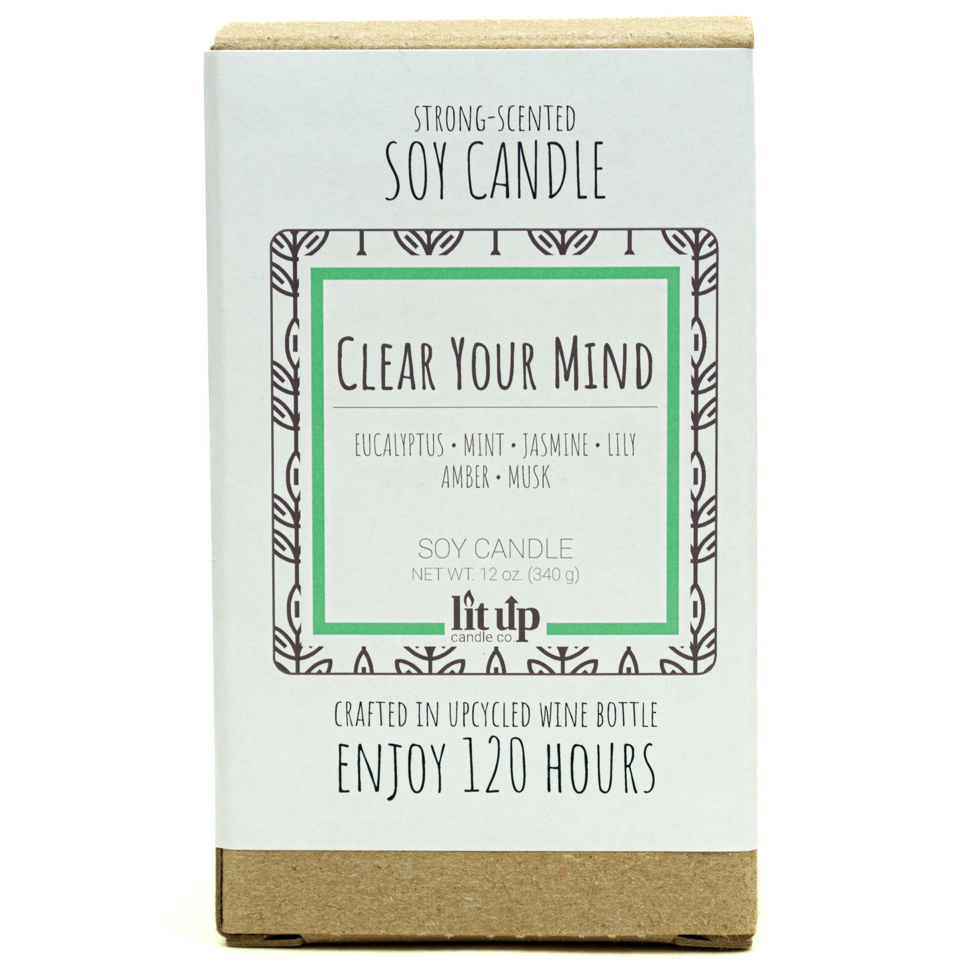 Clear Your Mind scented 12 oz. soy candle in upcycled wine bottle - FKA Eucalyptus Spearmint