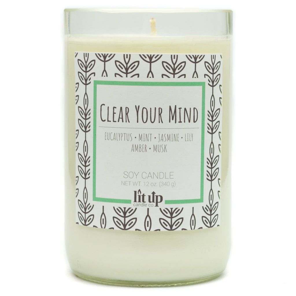 Clear Your Mind scented 12 oz. soy candle in upcycled wine bottle - FKA Eucalyptus Spearmint