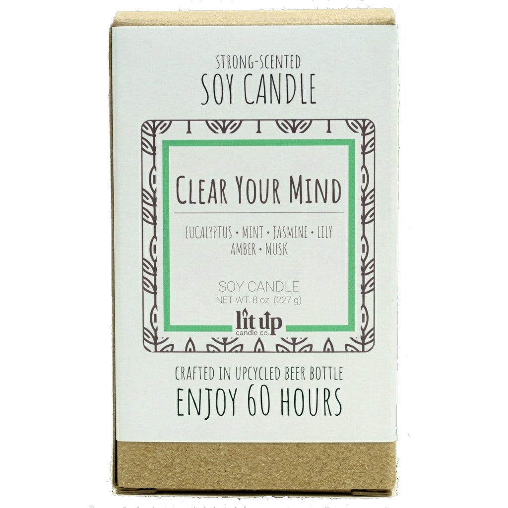 Clear Your Mind scented 8 oz. soy candle in upcycled beer bottle - FKA Eucalyptus Spearmint