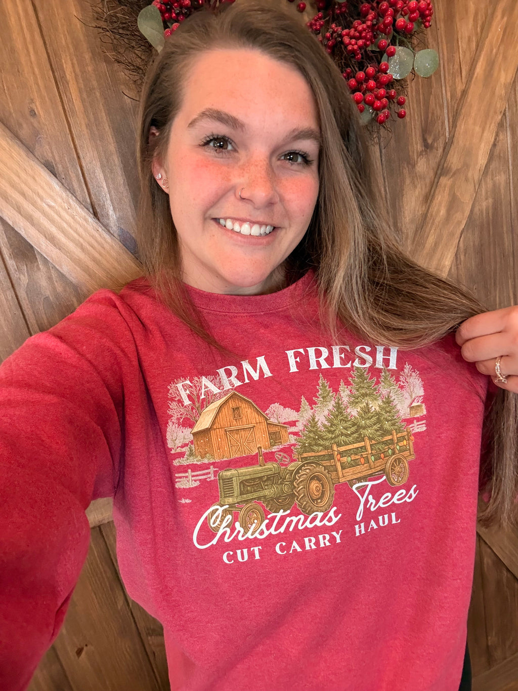 Farm Fresh Christmas Trees Crewneck | Vintage Barn Tractor Sweatshirt | Cozy Holiday Pullover