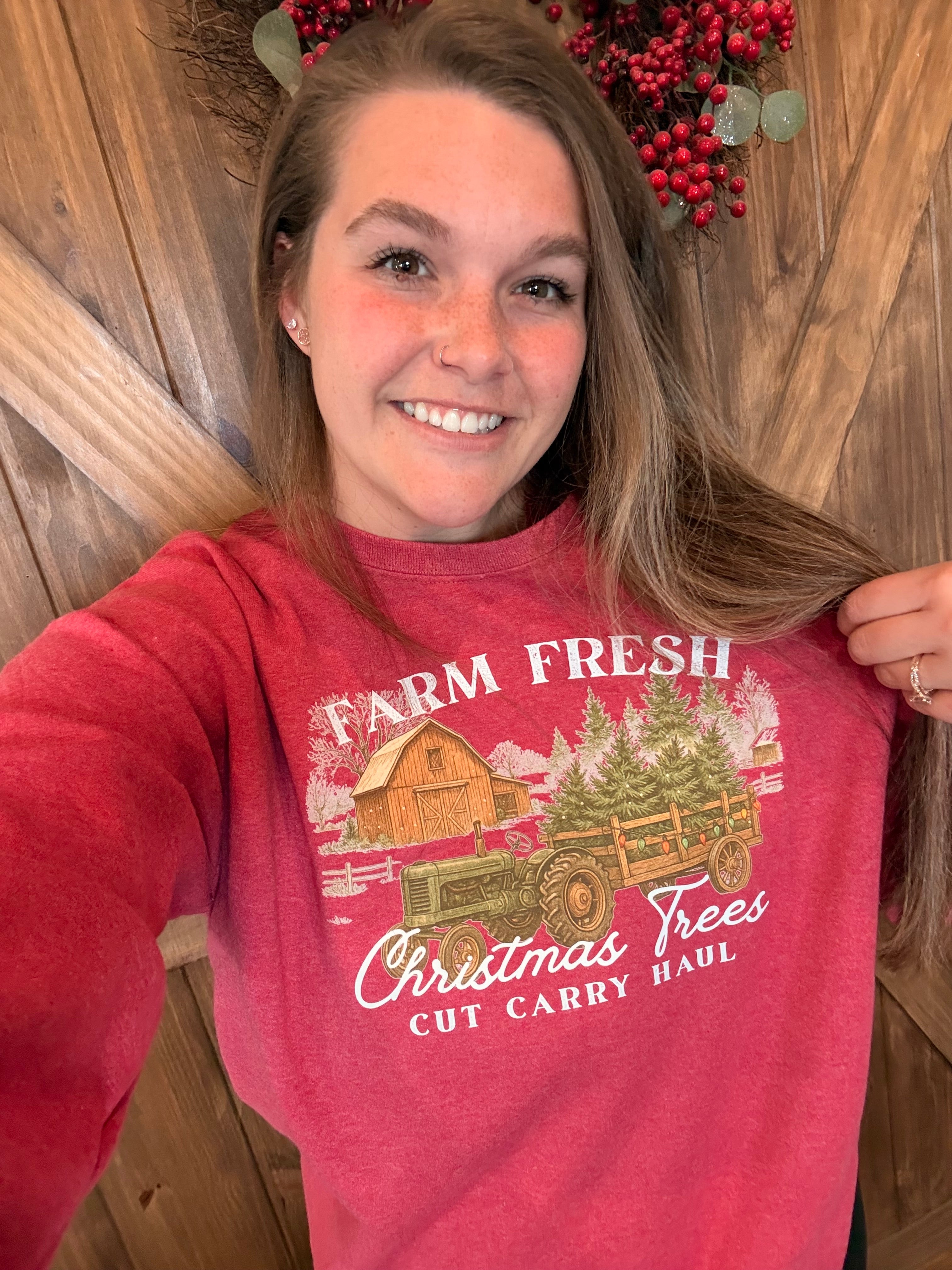 Farm Fresh Christmas Trees Crewneck | Vintage Barn Tractor Sweatshirt | Cozy Holiday Pullover