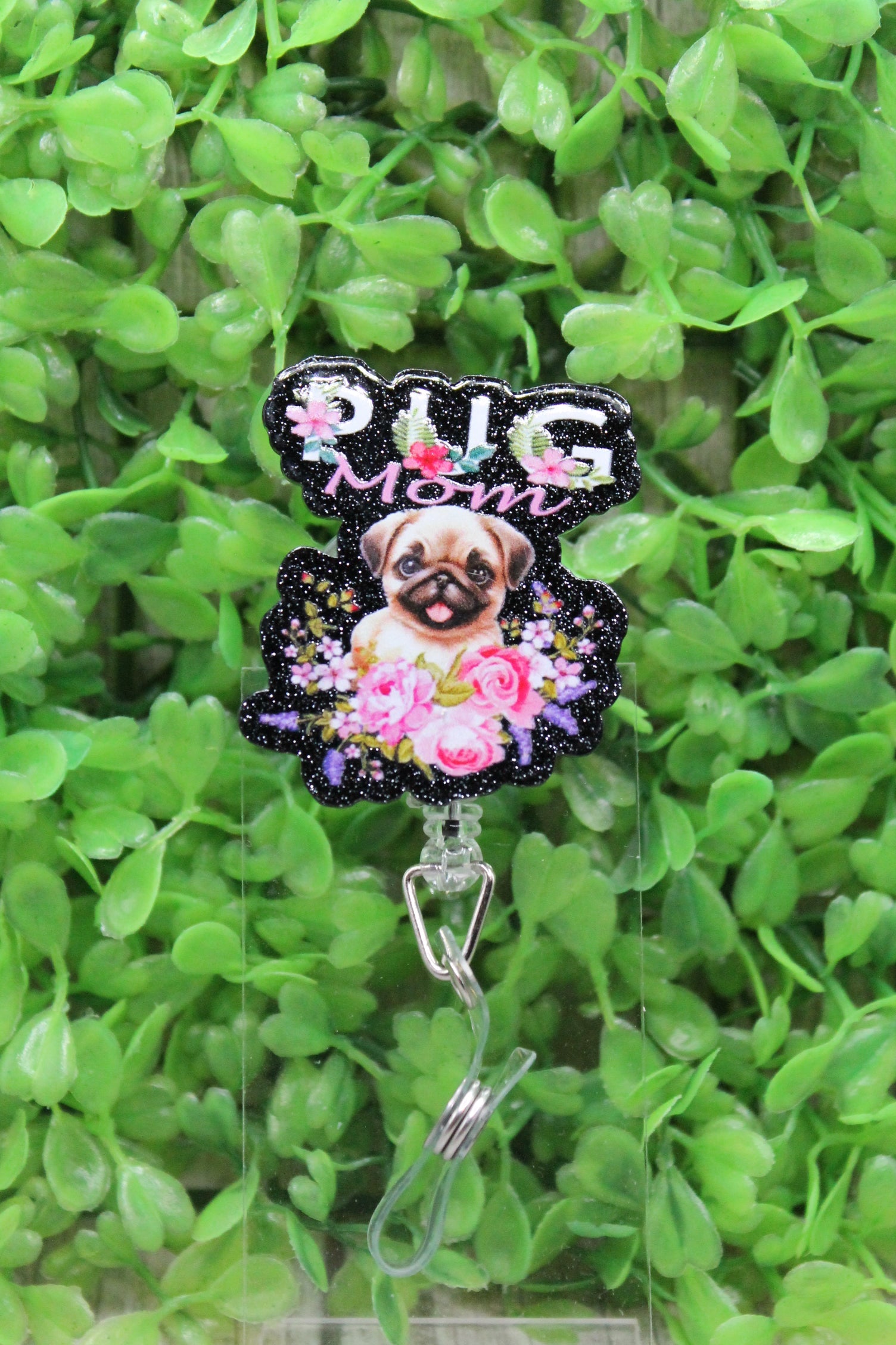 Pug Mom Floral Badge/ID Holder Reel