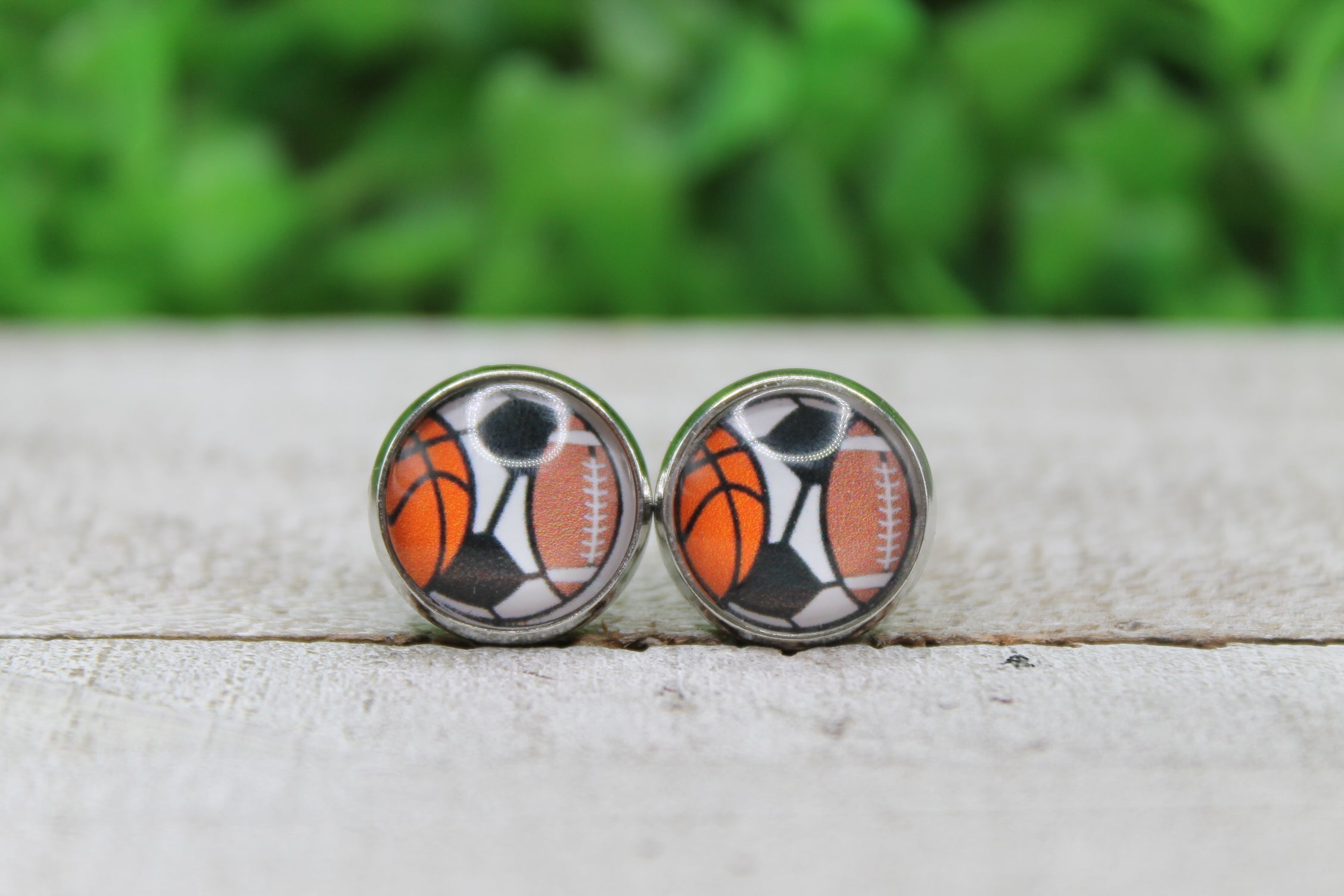 Sports Trio Basketball Soccer Football 12mm Glass Stud Earrings