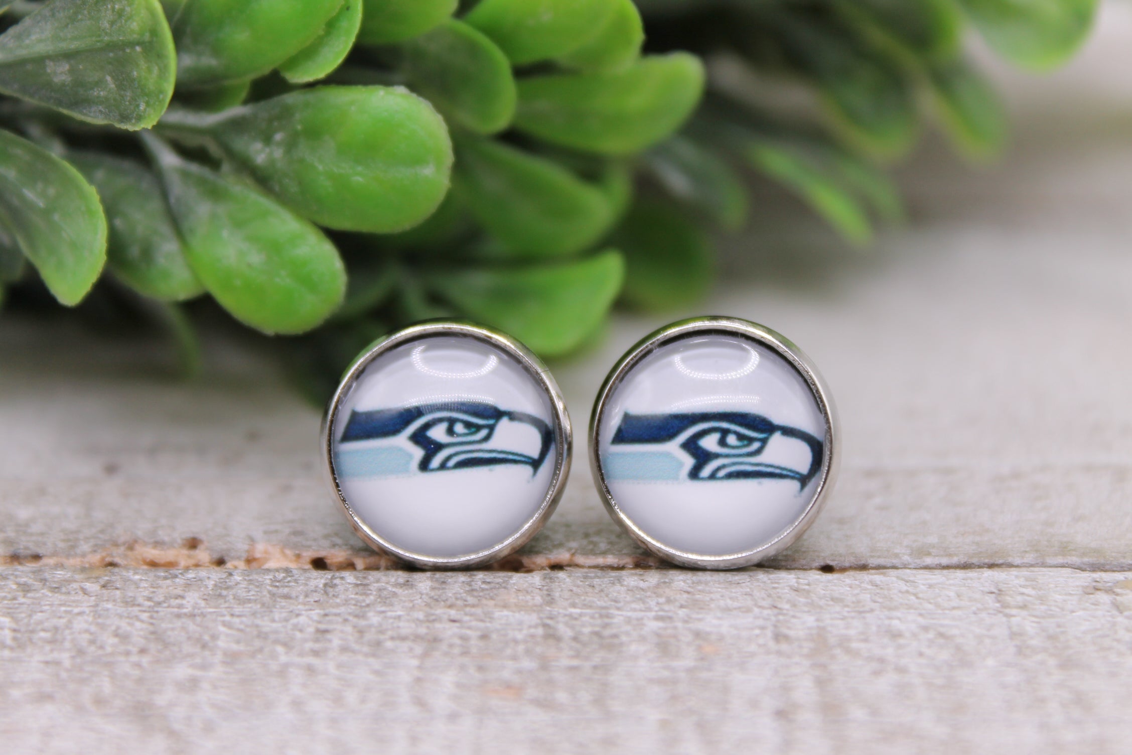 Seahawks Football || 12mm Glass Stud Earrings || Hypoallergenic