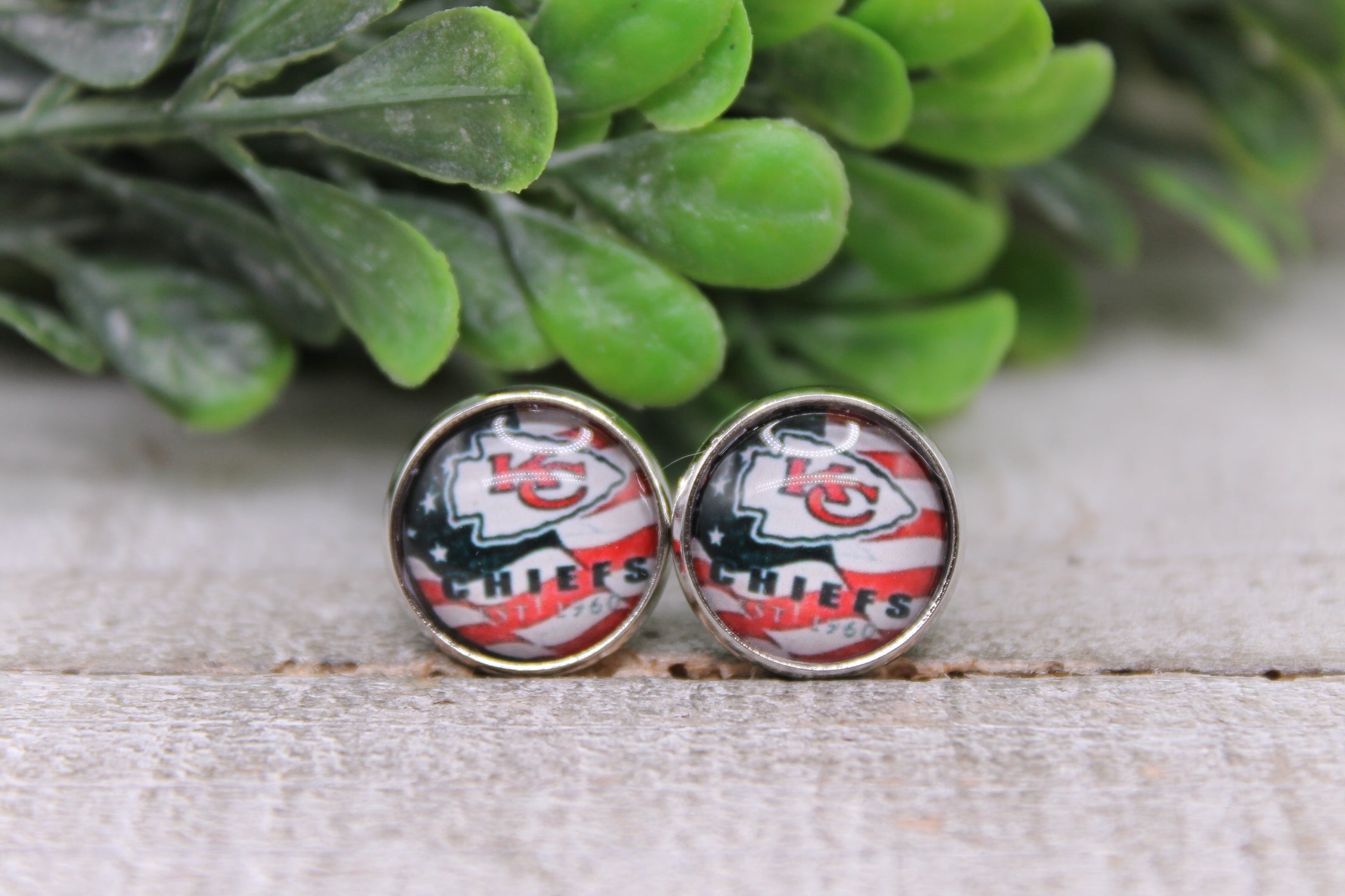 KC Chiefs Football Flag || 12mm Glass Stud Earrings || Hypoallergenic