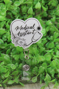 Medical Assistant White Shimmer Heart Stethoscope Badge Reel