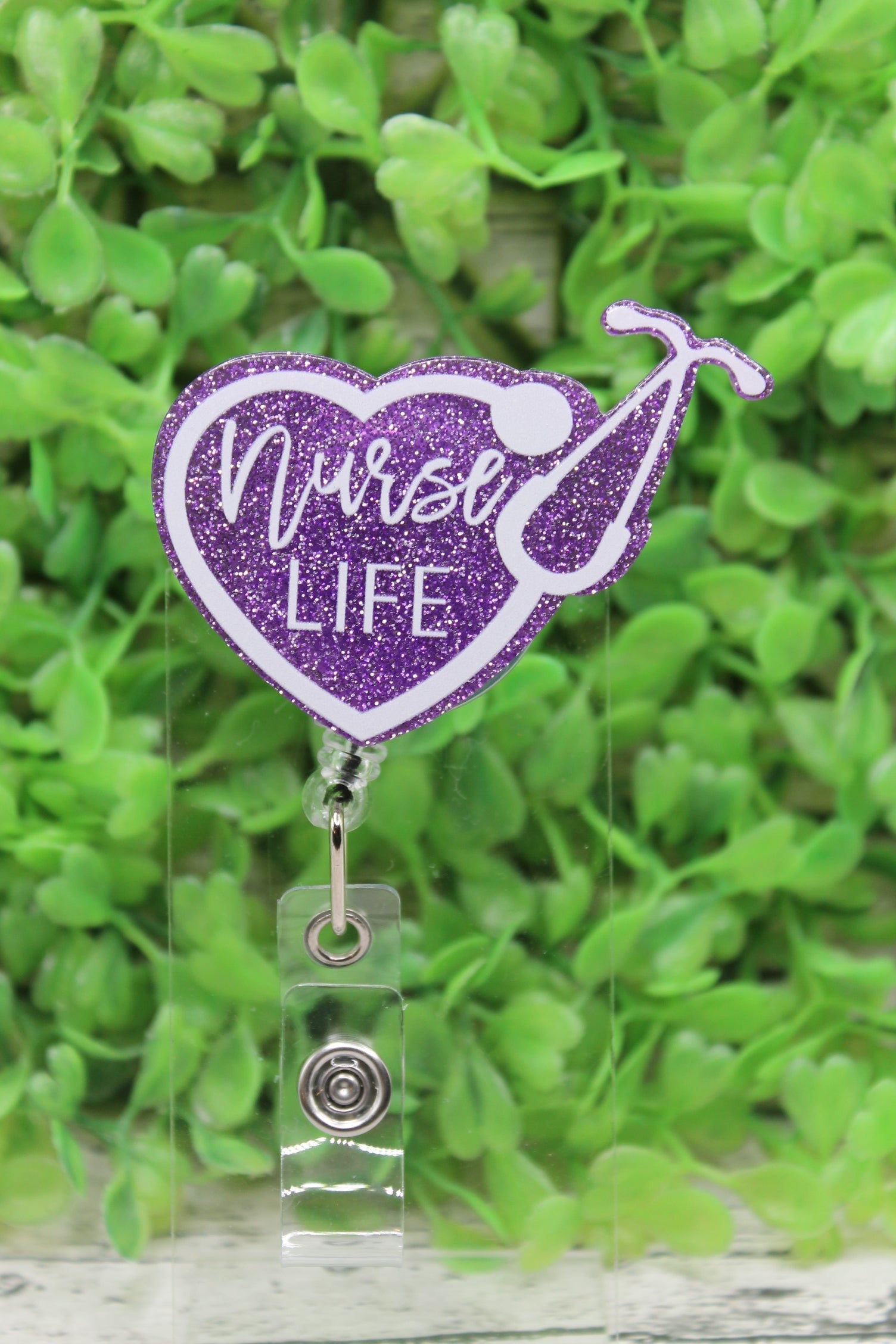Nurse Life Purple Glitter Heart Stethoscope Badge Reel