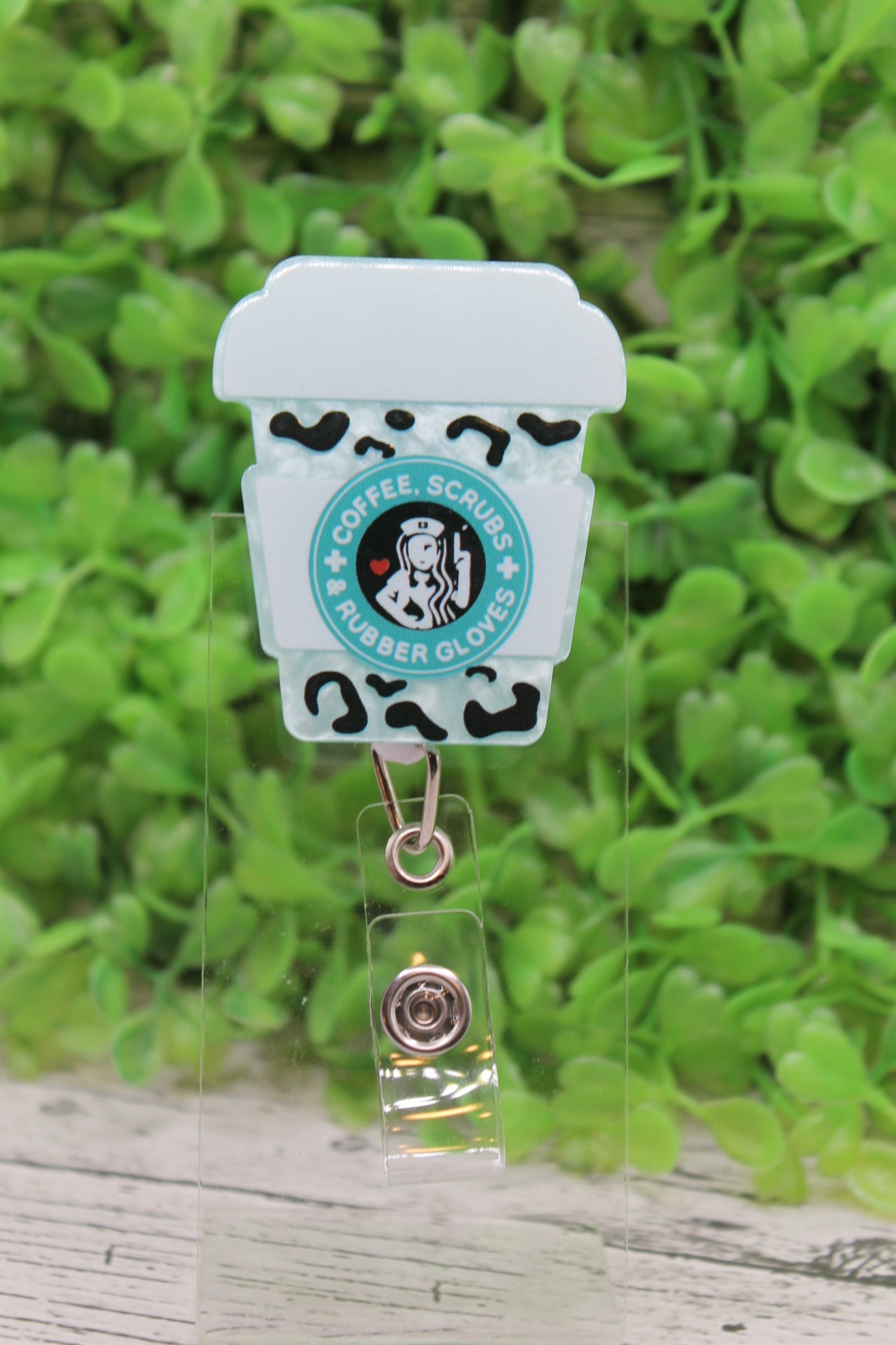 Coffee Scrubs Rubber Gloves Leopard Cup Badge Reel