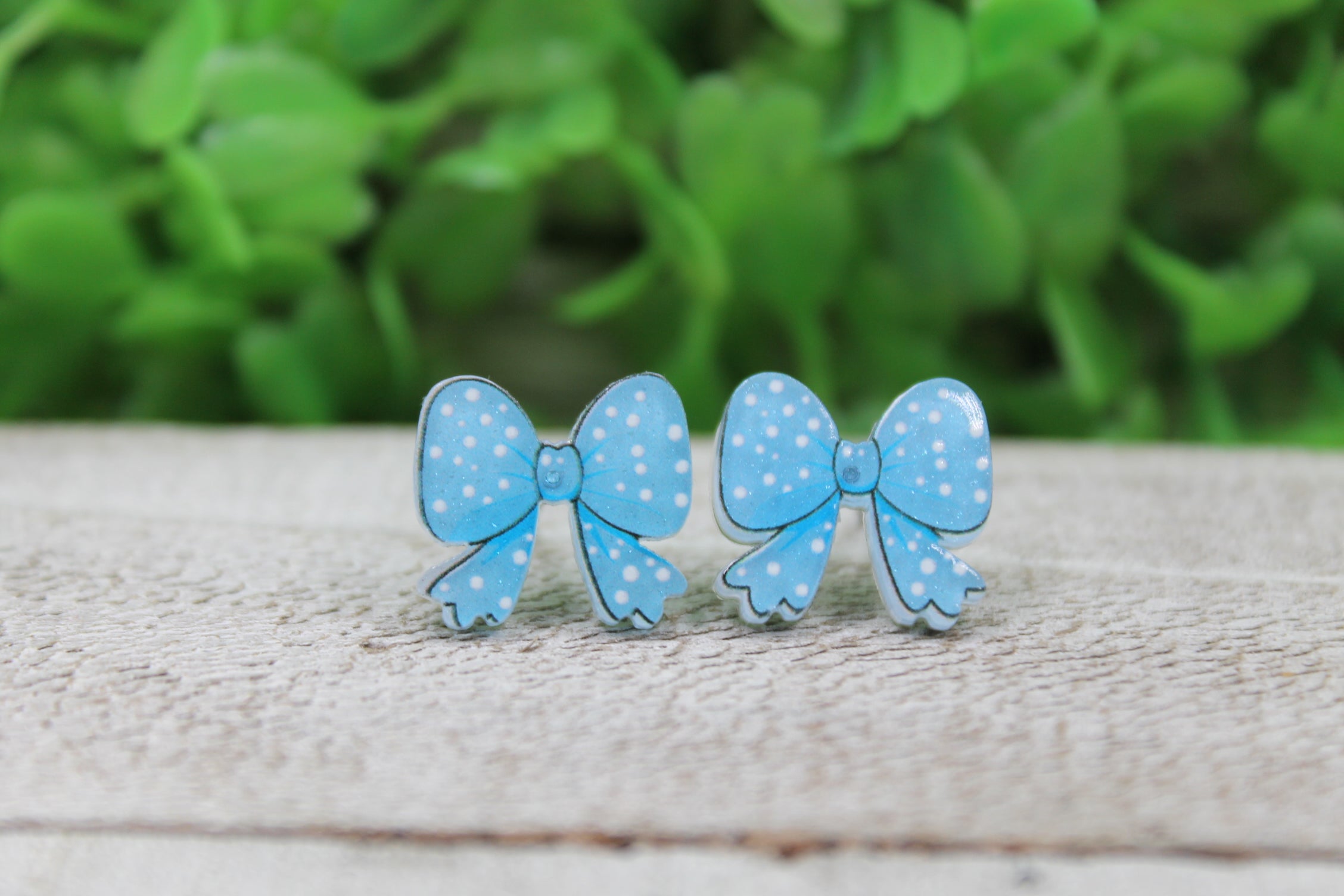 Blue Polka Dot Bow Stud Earrings