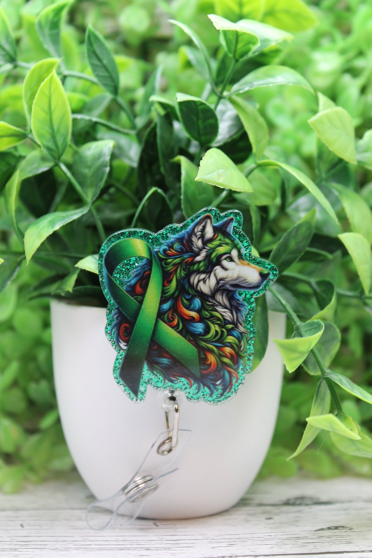 Kidney Cancer Awareness Ribbon and Wolf Badge Reel