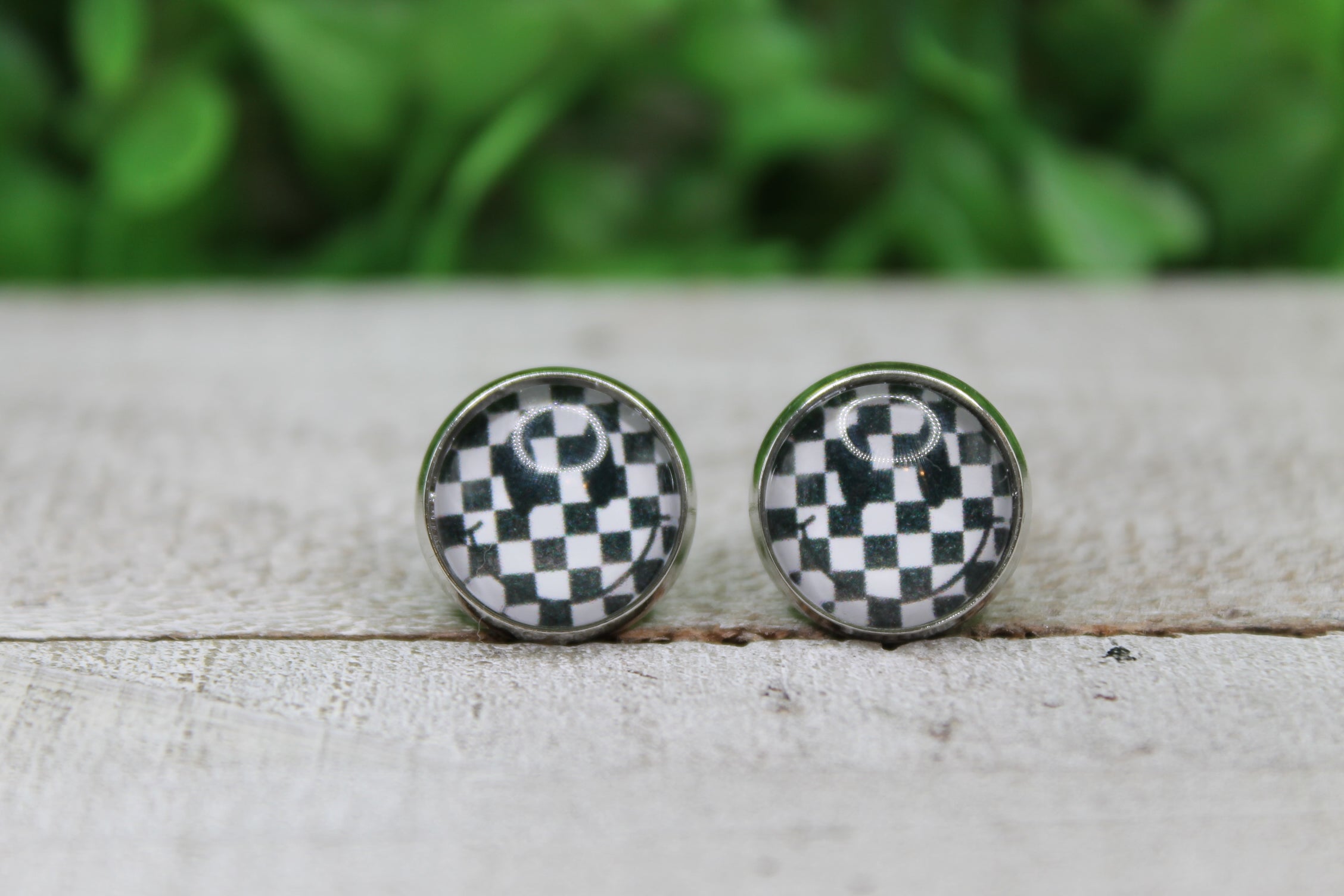 Checkered Smiley Glass Stud Earrings