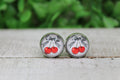 Red Cherries and Checkered Bow Glass Stud Earrings