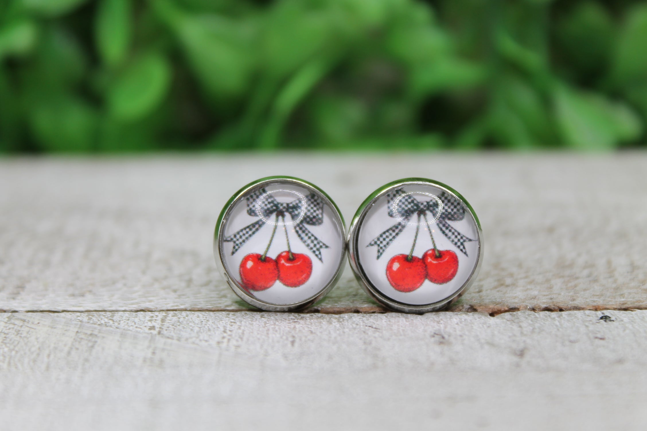 Red Cherries and Checkered Bow Glass Stud Earrings