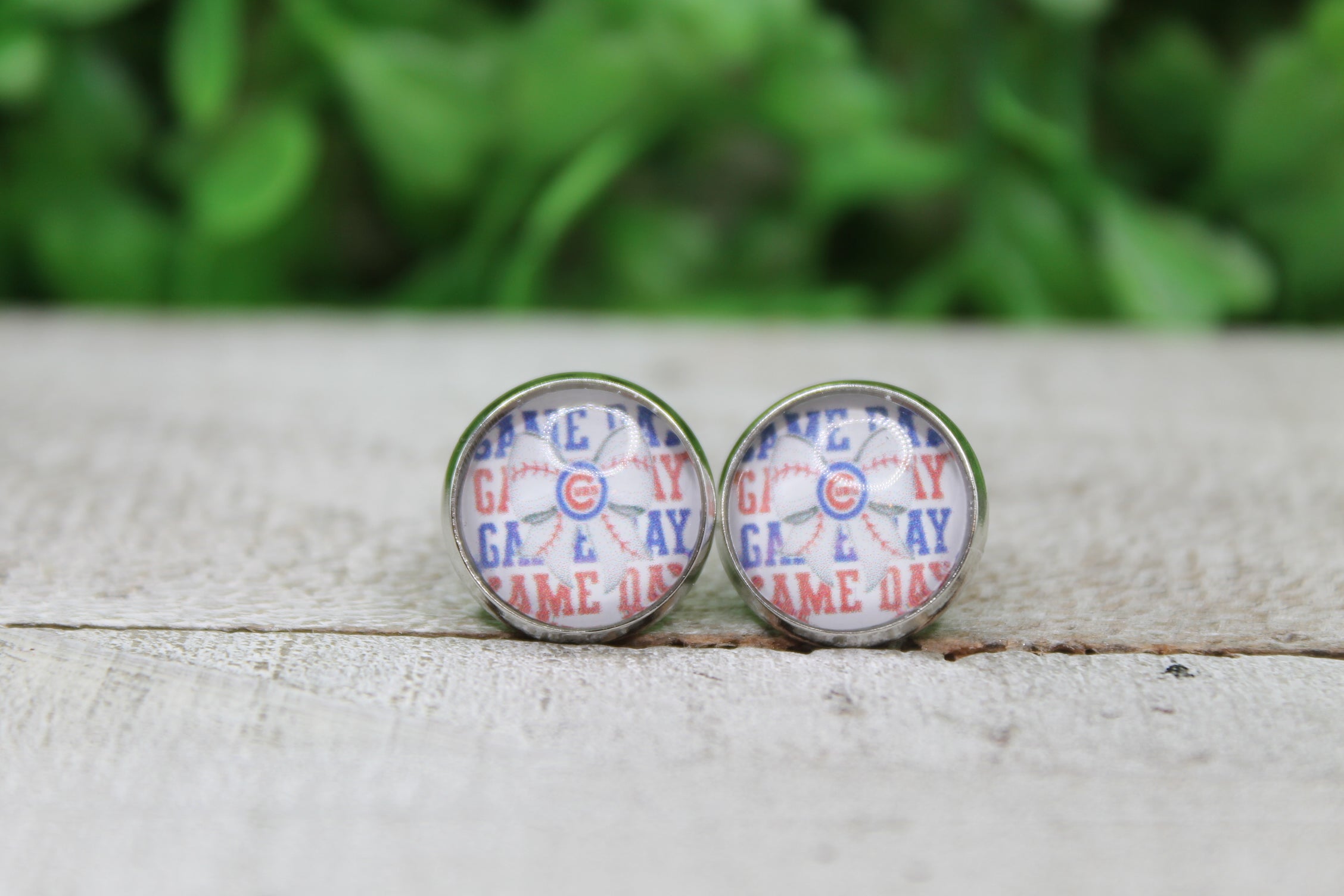 Cubs Baseball Game Day Bow Glass Stud Earrings