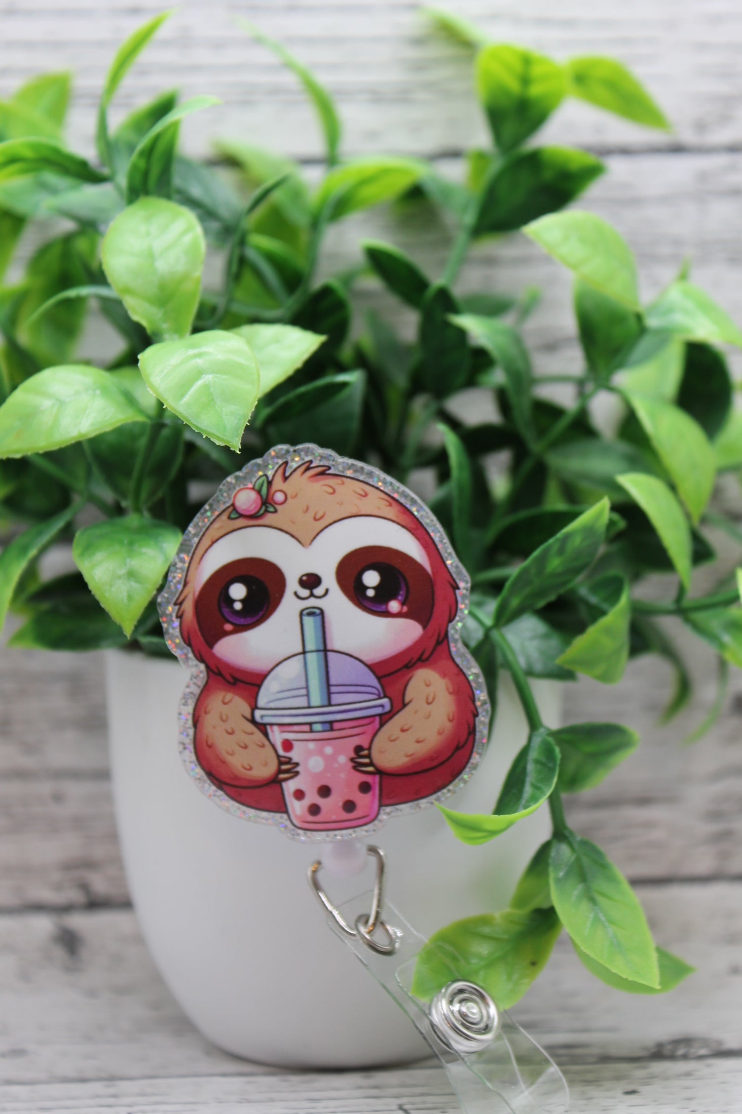 Cute Sloth with Boba Drink Badge Reel