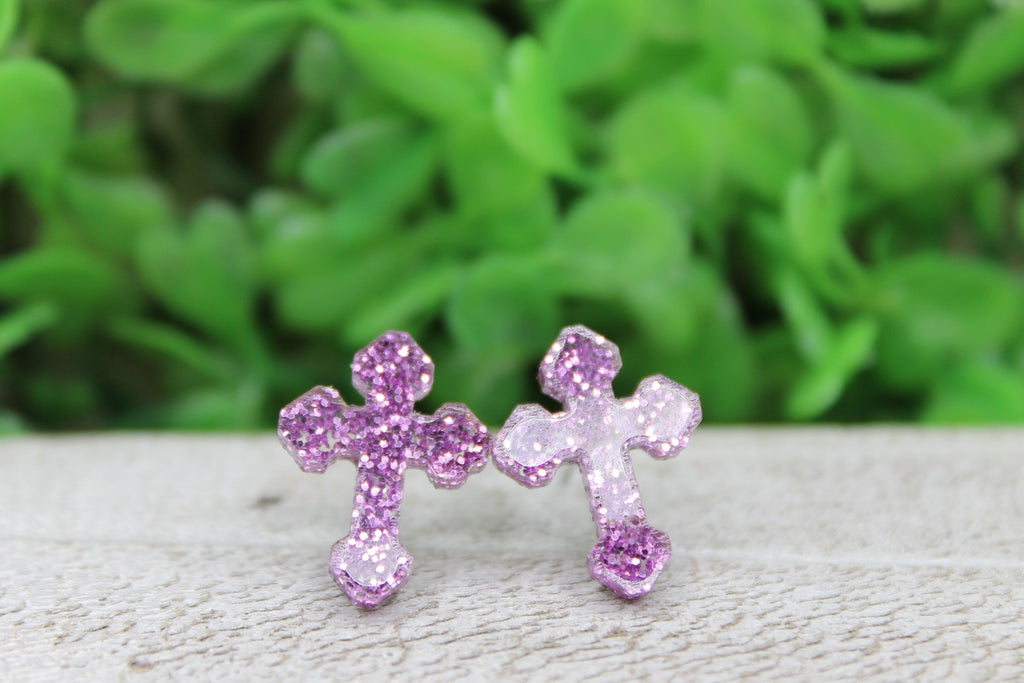 Purple Glitter Cross || 12mm Stud Earrings || Hypoallergenic