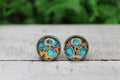Turquoise and Sunflowers 12mm Glass Stud Earrings || Hypoallergenic