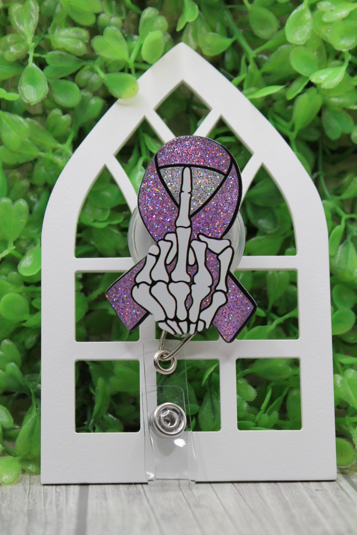 Pink Ribbon F Cancer Badge/ID Holder with Alligator Clip
